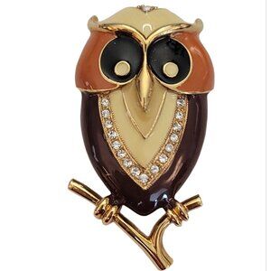 Marie Brand Gold Tone, Enamel, Rhinestone Owl Brooch Pendant, Signed M734
